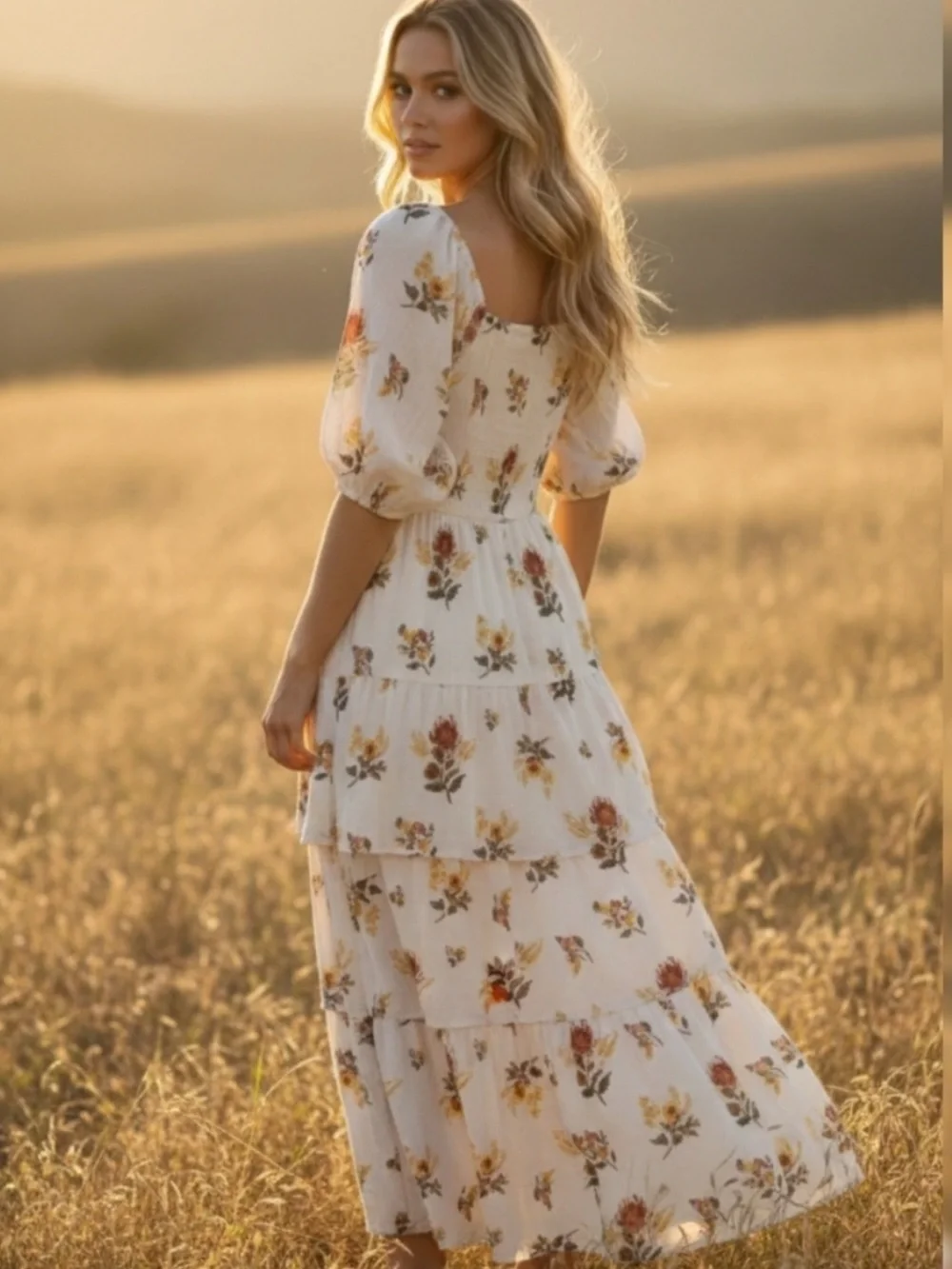 J. Gee White Boho Floral Tiered Maxi Dress Smocked Bodice Ruffle Puff Sleeves - Picture 2 of 15